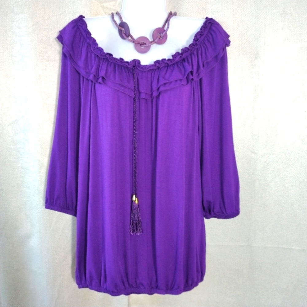 NWT Iman Off The Shoulder Boho Peasant Top With Tassels Violet Purple Si…
